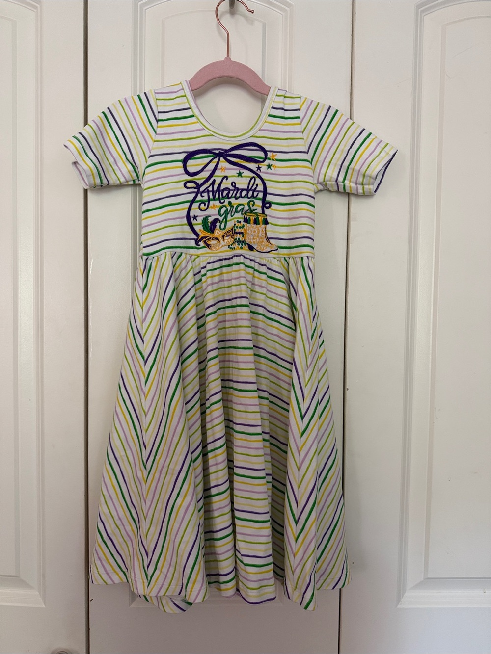 Girls' Striped Mardi Gras Embroidered Dress - White, Green & Purple